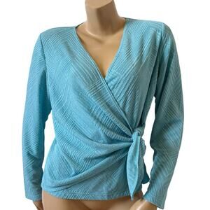 Citiknits Womens Large Blue Slinky Wrap Top Tie Waist V Neck Stretch Blouse